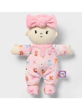 Giggle Scape Soft Plush Baby Doll With Pink Alphabet Onesie & Bow